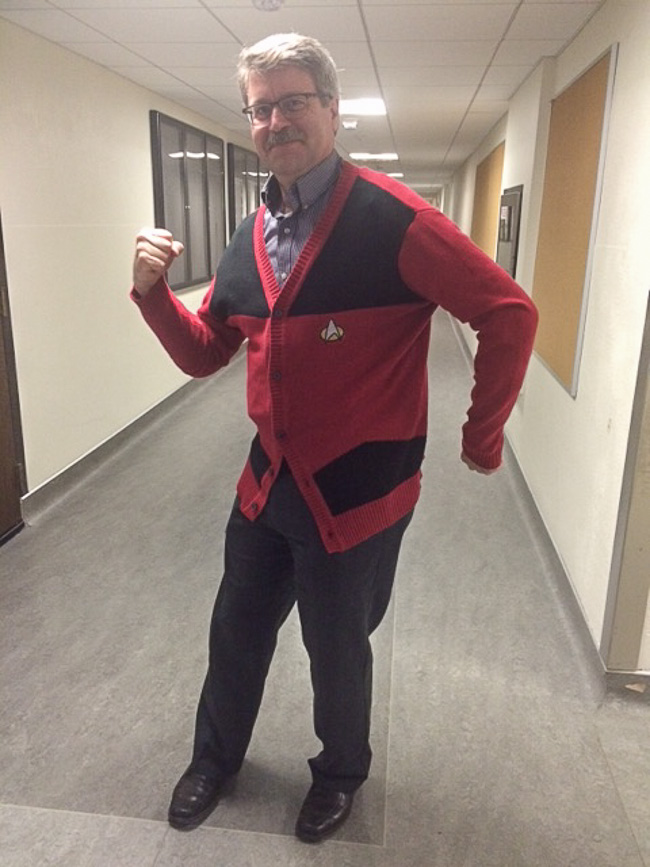 "Well, I guess that I would look pretty good in one of these", said scientist Tim.