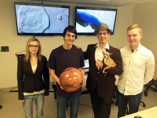 Christy Caudill (ES PhD student), Eric Pilles (ES PhD student), Livio Tornabene (CPSX Research Scientist), Ian Pritchard (Geography MSc student)of the HiRISE imaging team at Western. (l-r) 
