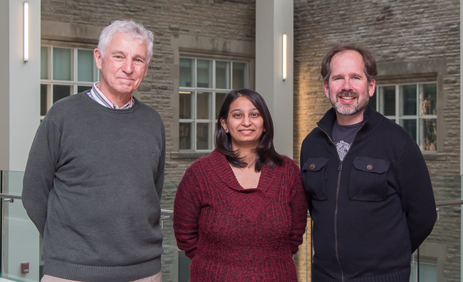 Parshati Patel (centre) with co-supervisors John Landstreet (left) and Aaron Sigut (right).