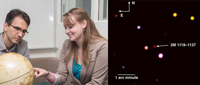 PhD student Kendra Kellogg (centre), supervisor Prof. Stan Metchev (left), with new planet (right).